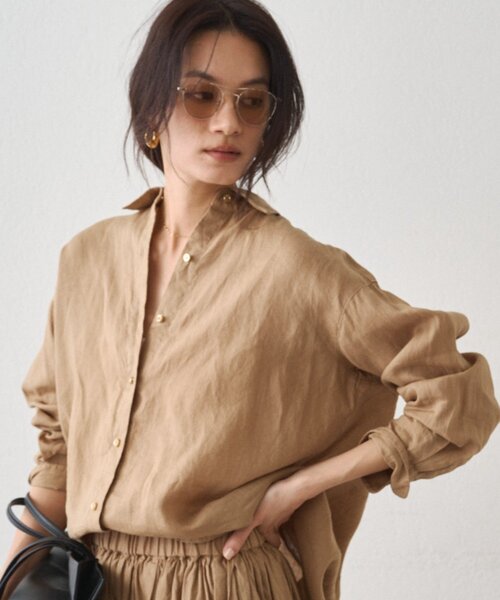 LOUNGEDRESS（ラウンジドレス）の「リネンバックタイシャツ（シャツ/ブラウス・レディース・キャメル/グリーン/ネイビー/イエロー/オフホワイト/ブラック/ブルー・FREE）」の14枚目の写真