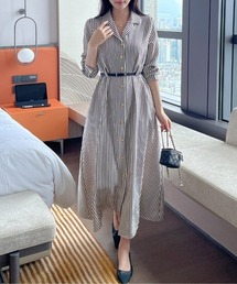 CHUL（チュル）の「ストライプ柄 ベルト付き シャツワンピース（Tシャツ/カットソー）」