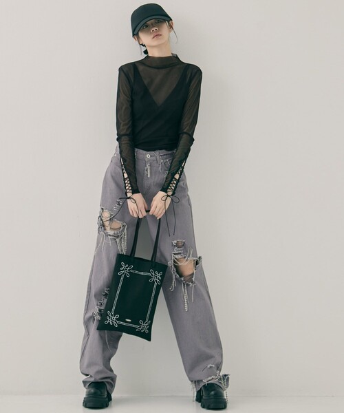 tanakadaisuke/タナカダイスケ】Rhinestone frame tote bag/ライン