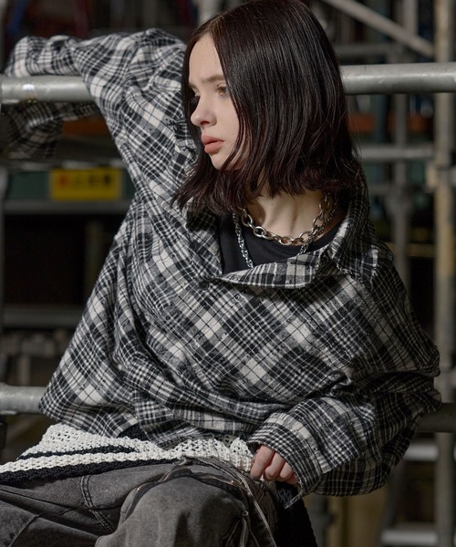 ERAR（エラー）の「【ERAR】ハイダメージクラッシュ加工オーバーサイズチェックシャツ（シャツ/ブラウス・メンズ・ブラック/ホワイト/レッド・S/M/L/XL）」の5枚目の写真