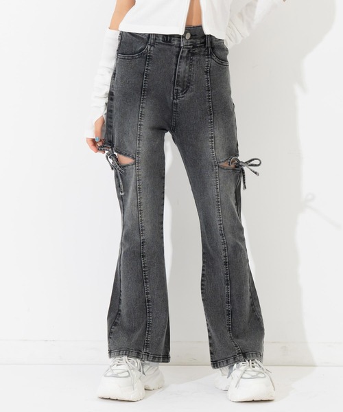 ANAP GｉRL（アナップガール）の「サイドリボン フレアパンツ（別売りセットアップ）（キッズお揃い）（デニムパンツ・キッズ・ブラック/ブルー・M/S/XS）」の2枚目の写真