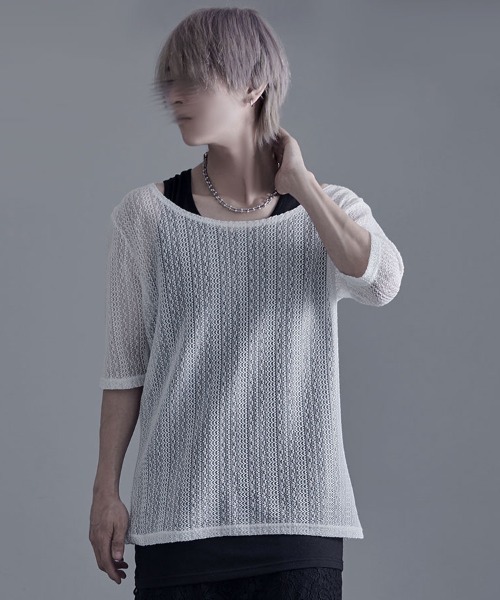 Bernings Sho(バーニングショー)の「『Bernings Sho/バーニングショー』透かしニット5分袖&アシンメトリータンク(ニット/セーター・メンズ・ホワイト/ブラック・M/L/XL)」の1枚目の写真