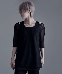 Bernings Sho（バーニングショー）の「『Bernings Sho/バーニングショー』透かしニット5分袖＆アシンメトリータンク（ニット/セーター）」
