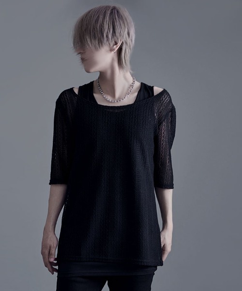 Bernings Sho(バーニングショー)の「『Bernings Sho/バーニングショー』透かしニット5分袖&アシンメトリータンク(ニット/セーター・メンズ・ホワイト/ブラック・M/L/XL)」の2枚目の写真