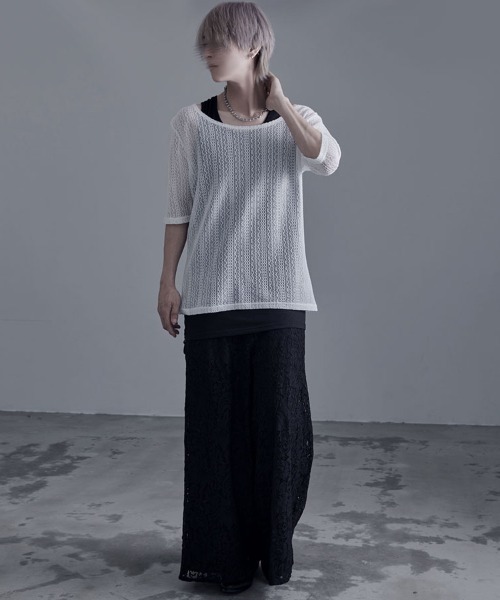 Bernings Sho(バーニングショー)の「『Bernings Sho/バーニングショー』透かしニット5分袖&アシンメトリータンク(ニット/セーター・メンズ・ホワイト/ブラック・M/L/XL)」の3枚目の写真