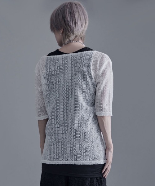 Bernings Sho(バーニングショー)の「『Bernings Sho/バーニングショー』透かしニット5分袖&アシンメトリータンク(ニット/セーター・メンズ・ホワイト/ブラック・M/L/XL)」の4枚目の写真