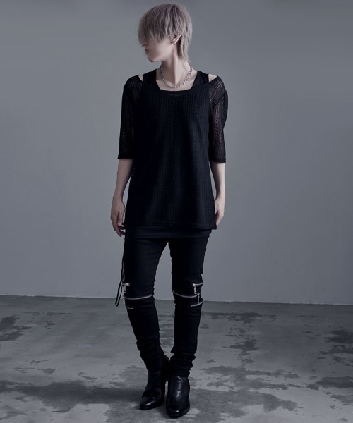 Bernings Sho(バーニングショー)の「『Bernings Sho/バーニングショー』透かしニット5分袖&アシンメトリータンク(ニット/セーター・メンズ・ホワイト/ブラック・M/L/XL)」の5枚目の写真