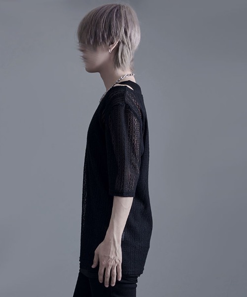 Bernings Sho(バーニングショー)の「『Bernings Sho/バーニングショー』透かしニット5分袖&アシンメトリータンク(ニット/セーター・メンズ・ホワイト/ブラック・M/L/XL)」の6枚目の写真