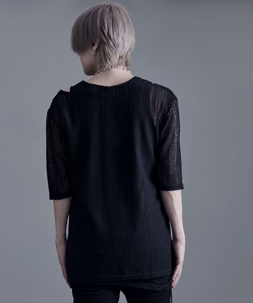 Bernings Sho(バーニングショー)の「『Bernings Sho/バーニングショー』透かしニット5分袖&アシンメトリータンク(ニット/セーター・メンズ・ホワイト/ブラック・M/L/XL)」の7枚目の写真