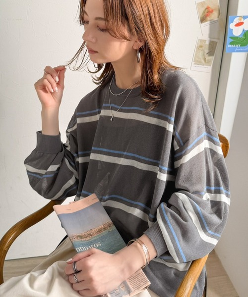Java(ジャバ)の「《JaVaジャバコラボ》ヘルシーな透け感のゆったりシルエットが着やすい。オーバーサイズ ボーダーシアートップス (長袖)(Tシャツ/カットソー・レディース・チャコール/ブラウン/アイボリー/グレー・LARGE/MEDIUM/SMALL/X-LARGE)」の3枚目の写真