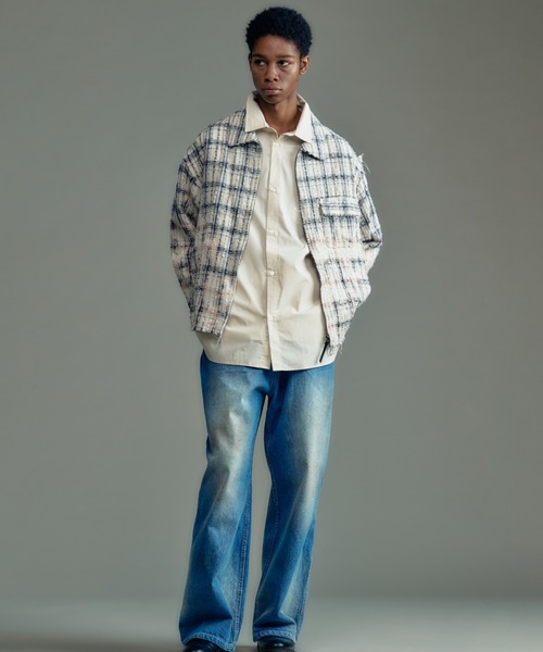 ADAM PATEK(アダムパテック)の「【ADAMPATEK/アダムパテック】short length bleached check zipup shirt/ショート丈ZIPチェックシャツ(シャツ/ブラウス・メンズ・ブラック/ホワイト・2/1)」の1枚目の写真
