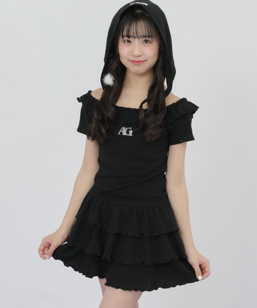 ANAP GiRL(アナップガール)の「袖2WAY 肩アキ ティアード ワンピース(ワンピース・キッズ・ブラック/ライトグレー・XS/S/M)」の5枚目の写真