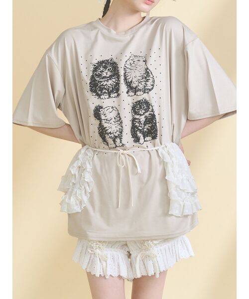 merry jenny（メリージェニー）の「pindot cat tee（Tシャツ/カットソー・レディース・ベージュ/ブラック/オフホワイト・FREE）」の3枚目の写真
