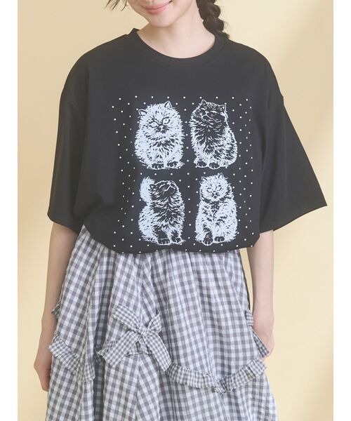 merry jenny（メリージェニー）の「pindot cat tee（Tシャツ/カットソー・レディース・ベージュ/ブラック/オフホワイト・FREE）」の2枚目の写真