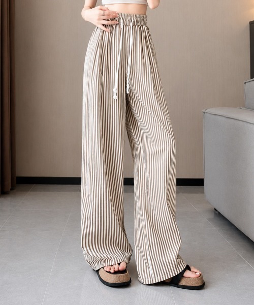 mielu(ミエル)の「ストライプワイドパンツ(その他パンツ・レディース・ベージュ/ブラック・MEDIUM/LARGE)」の2枚目の写真