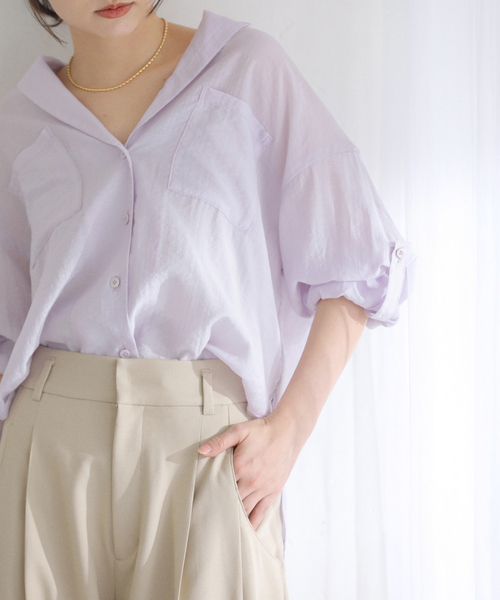 La TOTALITE（ラトータリテ）の「【洗える】リネンブレンドシアーシャツ（シャツ/ブラウス・レディース・ホワイト/グリーン/ダークパープル・FREE）」の3枚目の写真