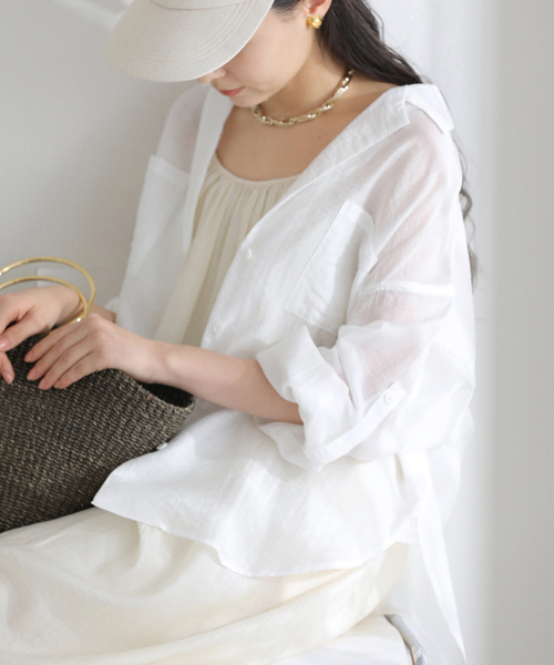 La TOTALITE（ラトータリテ）の「【洗える】リネンブレンドシアーシャツ（シャツ/ブラウス・レディース・ホワイト/グリーン/ダークパープル・FREE）」の10枚目の写真