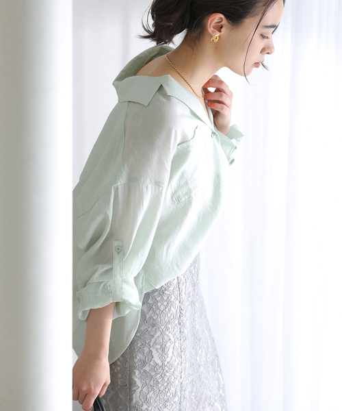 La TOTALITE（ラトータリテ）の「【洗える】リネンブレンドシアーシャツ（シャツ/ブラウス・レディース・ホワイト/グリーン/ダークパープル・FREE）」の16枚目の写真