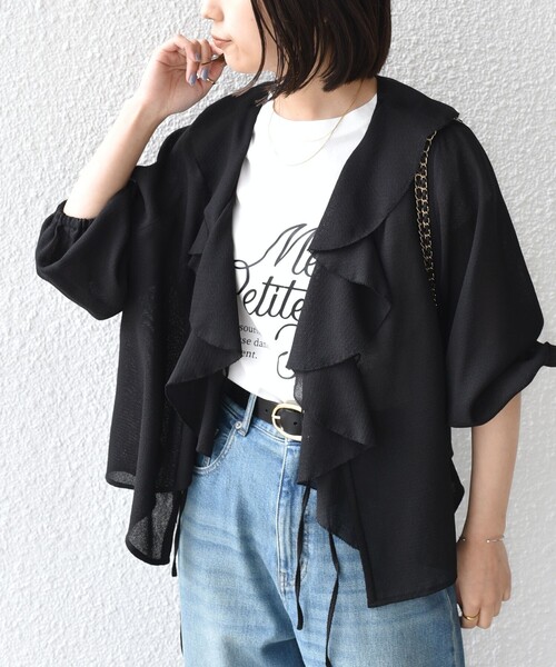 SHIPS Colors(シップス カラーズ)の「SHIPS Colors:〈手洗い可能〉メッシュ 羽織り ラッフル シャツ(シャツ/ブラウス・レディース・キャメル/ブラック・ONE SIZE)」の20枚目の写真