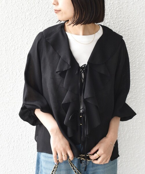 SHIPS Colors(シップス カラーズ)の「SHIPS Colors:〈手洗い可能〉メッシュ 羽織り ラッフル シャツ(シャツ/ブラウス・レディース・キャメル/ブラック・ONE SIZE)」の22枚目の写真