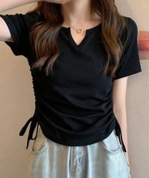 サイドシャーリングキーネックTシャツ