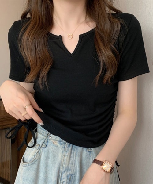 SallyLunn(サリーラン)の「サイドシャーリングキーネックTシャツ(Tシャツ/カットソー・レディース・ピンク/ホワイト/ブラック・LARGE/MEDIUM)」の6枚目の写真