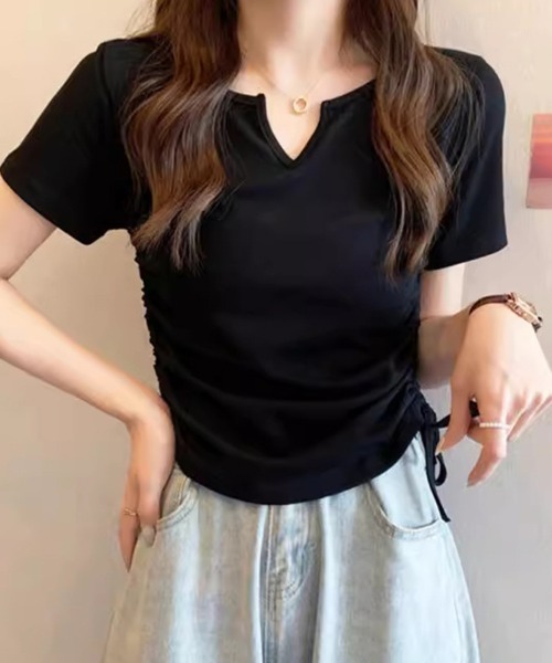 SallyLunn(サリーラン)の「サイドシャーリングキーネックTシャツ(Tシャツ/カットソー・レディース・ピンク/ホワイト/ブラック・LARGE/MEDIUM)」の8枚目の写真