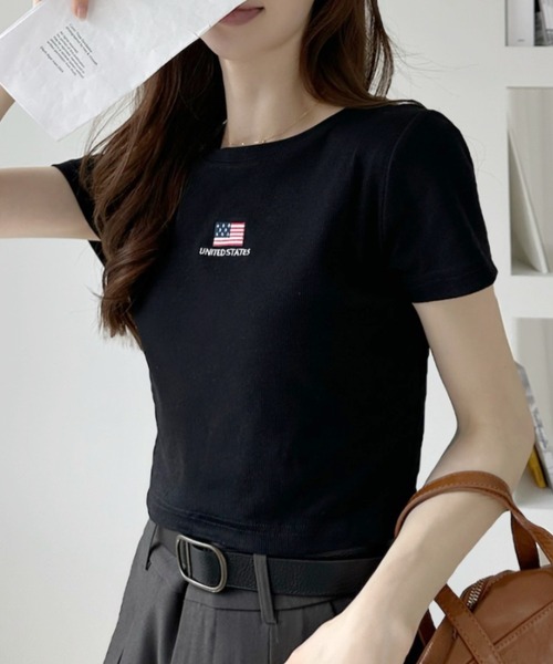 Ada.(エイダ)の「国旗刺繍 半袖 クロップド Tシャツ(Tシャツ/カットソー・レディース・ブラック/オフホワイト/グレー/ネイビー・FREE)」の21枚目の写真