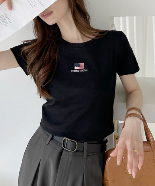 Ada.(エイダ)の「国旗刺繍 半袖 クロップド Tシャツ(Tシャツ/カットソー・レディース・ブラック/オフホワイト/グレー/ネイビー・FREE)」の17枚目の写真