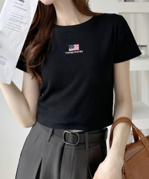 Ada.(エイダ)の「国旗刺繍 半袖 クロップド Tシャツ(Tシャツ/カットソー・レディース・ブラック/オフホワイト/グレー/ネイビー・FREE)」の18枚目の写真