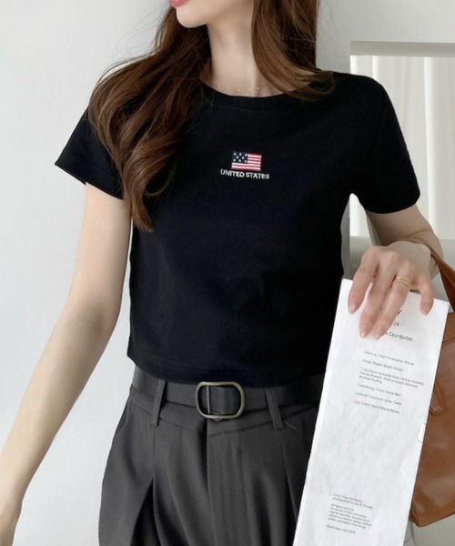 Ada.(エイダ)の「国旗刺繍 半袖 クロップド Tシャツ(Tシャツ/カットソー・レディース・ブラック/オフホワイト/グレー/ネイビー・FREE)」の22枚目の写真