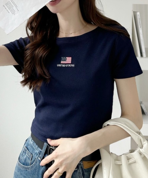 Ada.(エイダ)の「国旗刺繍 半袖 クロップド Tシャツ(Tシャツ/カットソー・レディース・ブラック/オフホワイト/グレー/ネイビー・FREE)」の10枚目の写真