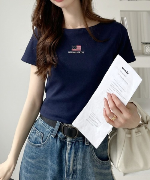 Ada.(エイダ)の「国旗刺繍 半袖 クロップド Tシャツ(Tシャツ/カットソー・レディース・ブラック/オフホワイト/グレー/ネイビー・FREE)」の11枚目の写真