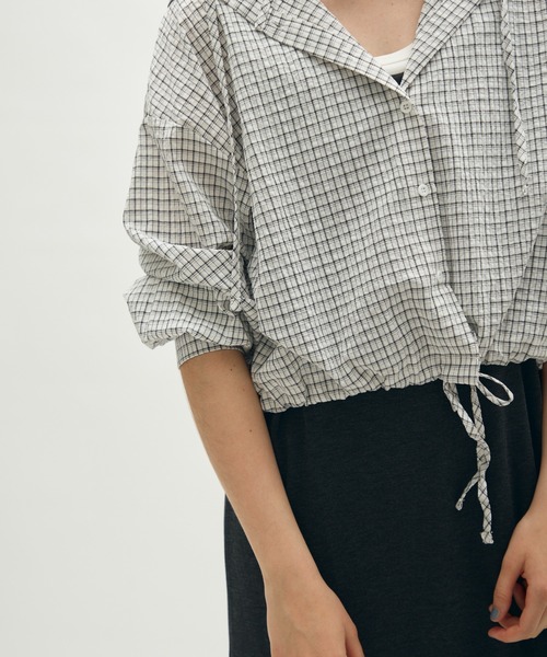 full/fill.(フルフィル)の「check hoodie short blouse / チェックフーディーショートブラウス(シャツ/ブラウス・レディース・ブラック/ホワイト・FREE)」の5枚目の写真