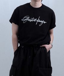 JUSTHANG（ジャストハング）の「セミオーバーサイズビッグロゴオフブラック半袖（Tシャツ/カットソー）」