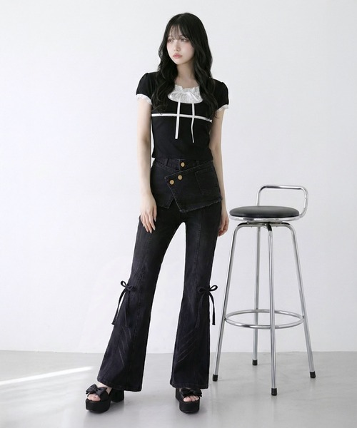 DearMyLoveRose（ディアマイラブローズ）の「ラップスカートレイヤード風フレアデニムパンツ（その他パンツ・レディース・ブラック・3L/LARGE/MEDIUM/SMALL）」の2枚目の写真