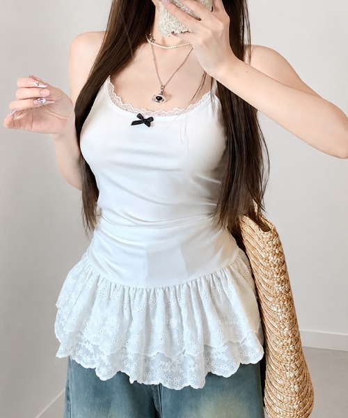 NANEA（ナネア）の「リボン付レースフリルティアードキャミソール（キャミソール・レディース・ホワイト・LARGE/MEDIUM/SMALL）」の8枚目の写真