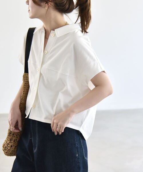 quaranciel(カランシエル)の「quaranciel:〈接触冷感/洗濯機可能〉天竺 フレンチスリーブ シャツ カットソー(Tシャツ/カットソー・レディース・ベージュ/ブラウン/ブラック/オフホワイト・ONE SIZE)」の2枚目の写真