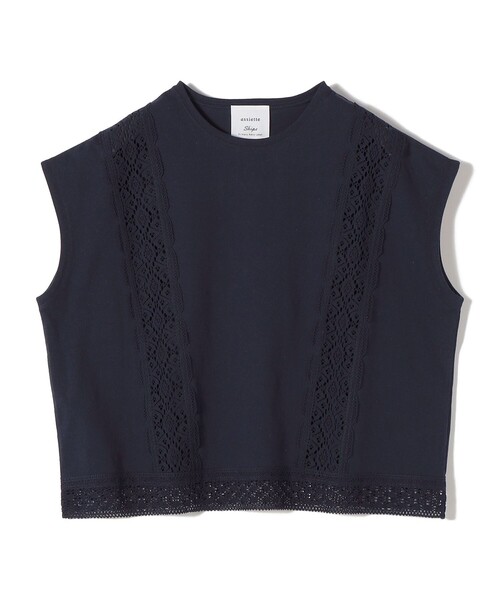 SHIPS(シップス)の「【SHIPS別注】assiette: 〈手洗い可能〉レース コンビ フレンチ スリーブ(Tシャツ/カットソー・レディース・ネイビー/オフホワイト・ONE SIZE)」の1枚目の写真