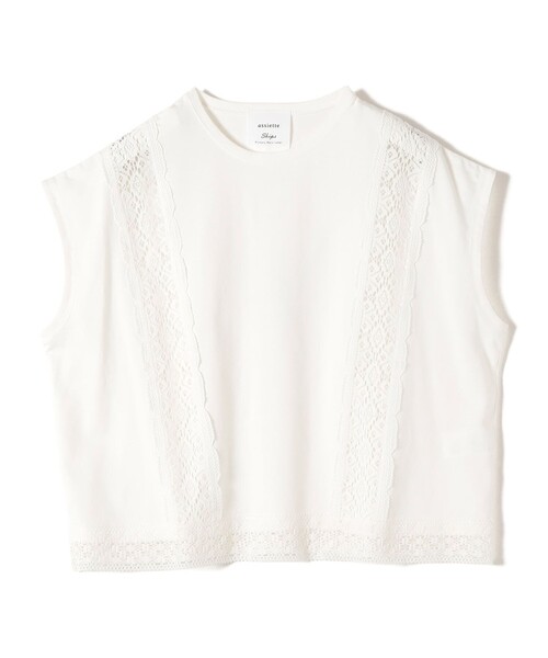 SHIPS(シップス)の「【SHIPS別注】assiette: 〈手洗い可能〉レース コンビ フレンチ スリーブ(Tシャツ/カットソー・レディース・ネイビー/オフホワイト・ONE SIZE)」の2枚目の写真