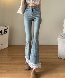 裾レースパール付フレアデニムパンツ