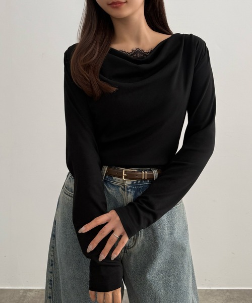CENEA(セネア)の「ショルダーギャザードレープトップス+レース付きキャミソールセット(Tシャツ/カットソー・レディース・モカ/ホワイト/ブラック・LARGE/MEDIUM/SMALL/X-LARGE)」の5枚目の写真