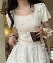 サイドシャーリングドット半袖ニットトップス