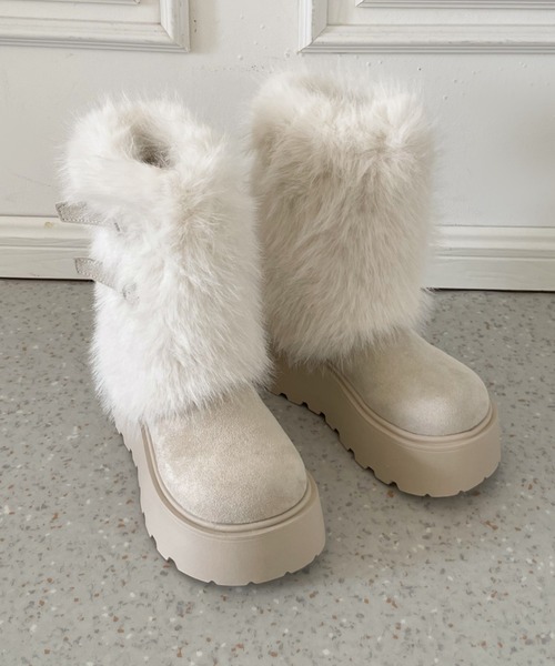 Shoes in Closet(シューズインクローゼット)の「厚底 プラットフォーム ダブルベルト ボリューム ボア ムートン ブーツ 849WB(ブーツ・レディース・アイボリー/グレー・L/LL/M/S)」の12枚目の写真
