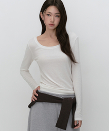 ウィメンズウールテンセルスリムスcoopネック長袖Tシャツ[アイボリー]