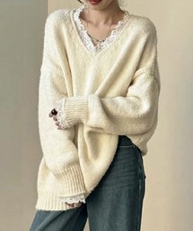 Vネック レーストリム オーバーサイズニット