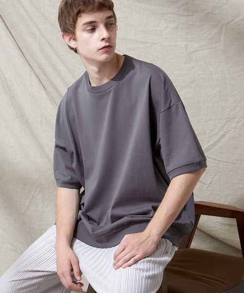EMMA CLOTHES（エマクローズ）の「シルケットライク天竺 スーパービッグシルエットS/Sリブカットソー 無地T トップス  Tシャツ  リンガー MERCERIZATION COTTON BIG SILHOUETTE LIB SS TEE - EMMA CLOTHES  -（Tシャツ/カットソー・メンズ・ホワイト/ブラック/グレー系その他/ブルー系その他/パープル系その他/ライトベージュ/グレー系その他2/ブルー系その他2/ブラック系その他/ホワイト系その他/ベージュ系その他・M/L）」の6枚目の写真