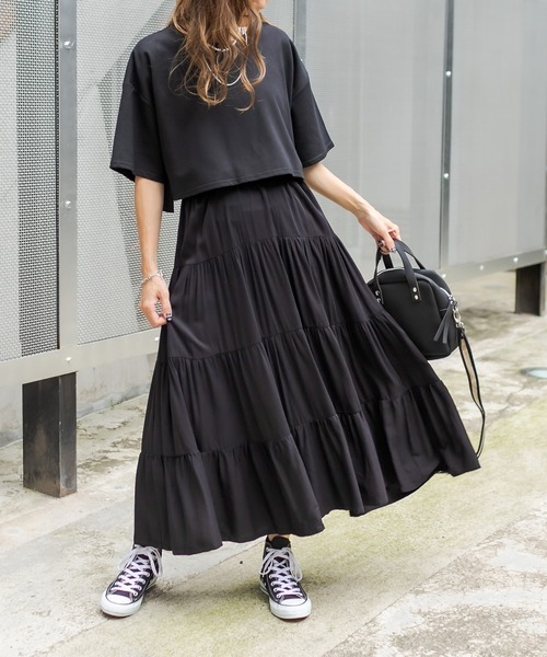 RASVOA（ラスボア）の「レイヤード風半袖ティアードワンピース（ワンピース・レディース・ブラック/グレー/ブルー/オフホワイト/カーキ・FREE）」の6枚目の写真