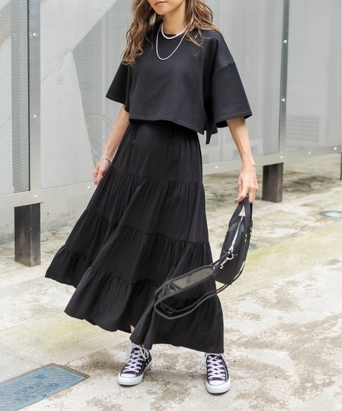 RASVOA（ラスボア）の「レイヤード風半袖ティアードワンピース（ワンピース・レディース・ブラック/グレー/ブルー/オフホワイト/カーキ・FREE）」の7枚目の写真