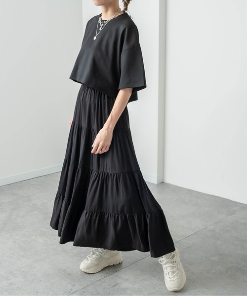 RASVOA（ラスボア）の「レイヤード風半袖ティアードワンピース（ワンピース・レディース・ブラック/グレー/ブルー/オフホワイト/カーキ・FREE）」の14枚目の写真